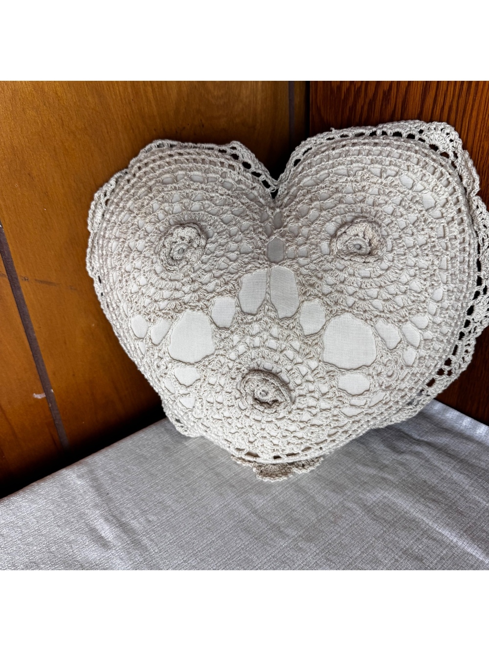 Handmade Heart Lace Pillow Vintage Crochet Cottagecore Accent Pillow 11” - Picture 2 of 4